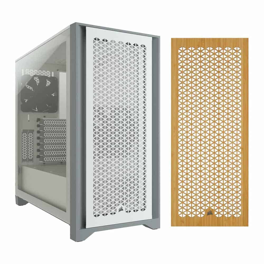 Corsair 4000D Airflow White Chassis + Corsair 4000 Series Wooden PC Front Panel (Bamboo) Bundle